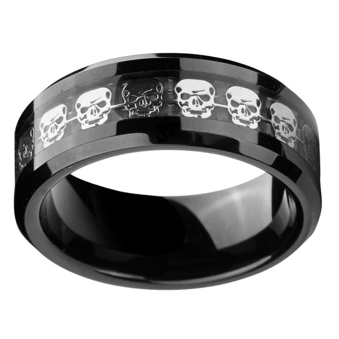 Men 8mm Titanium Black/Blue Laser Skull Carbon Fiber/Matte Black CZ Wedding Band