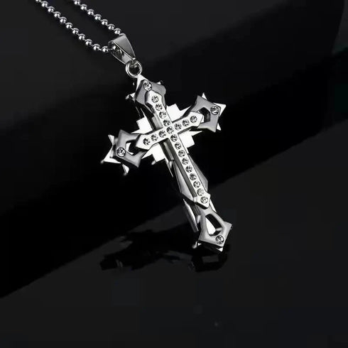 Titanium Creative Multi-Layer Cubic Zirconia Cross Pendant Necklace