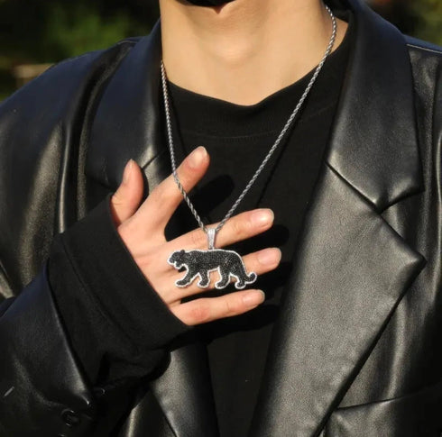 Iced Out 14K Gold Plated Cubic Zirconia Black Jaguar Panther Pendant Necklace