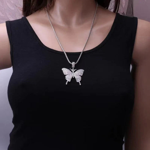 Iced Out Paved 14K White Gold Plated Cubic Zirconia Butterfly Pendant Necklace