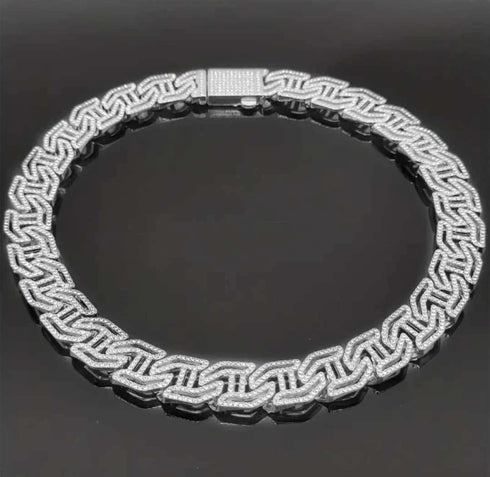 2-Pc ICED OUT Tiger Head 14K Gold Plated CZ Wide 'H' Shape Cuban Chain Necklace