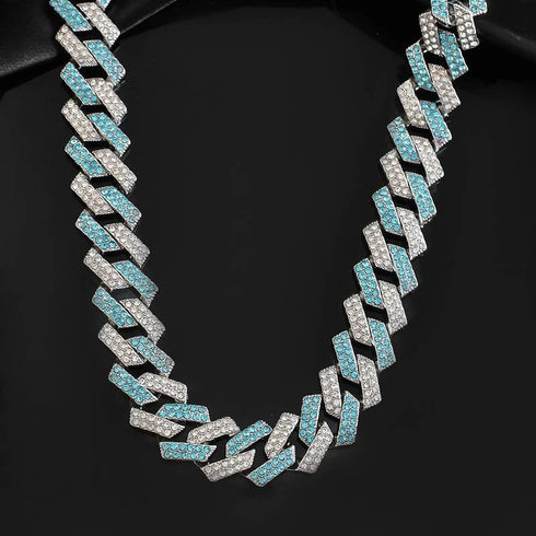 2Pc FULLY ICED 14K White Gold Plated CZ Miami Cuban Link Chain Necklace & Bracelet