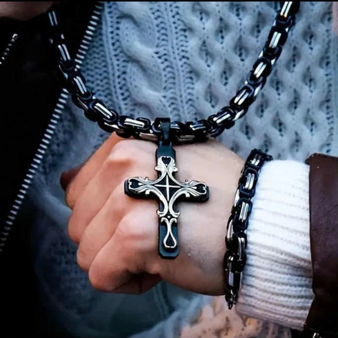 2Pc Men Creative Multi-Layer 2-Tone Cross Pendant with Byzantine Necklace & Bracelet