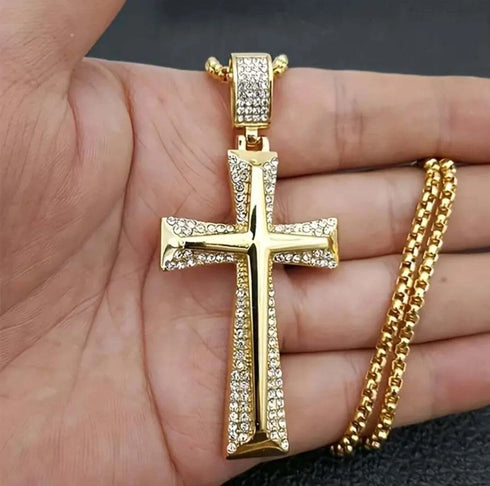 Iced Out Bling 18K Gold Plated Cubic Zirconia Cross Pendant Necklace