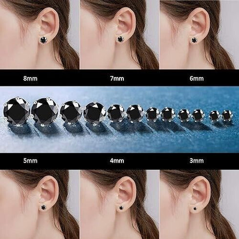 6 Pairs 316L Surgical Steel Black CZ 3/4/5/6/7/8mm Solitaire Men Women Earrings
