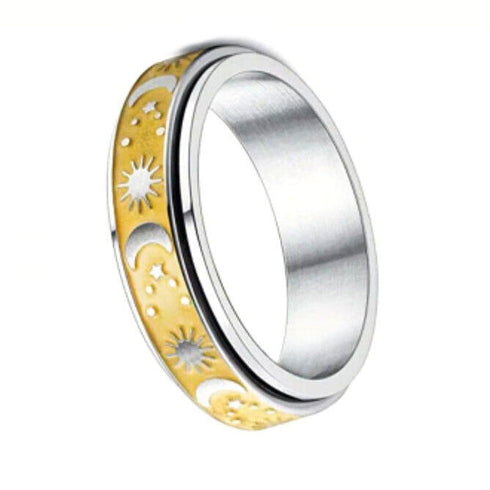 Men Women Titanium Steel Rotatable Anti-Anxiety Gold Silver Sun Moon Retro Band