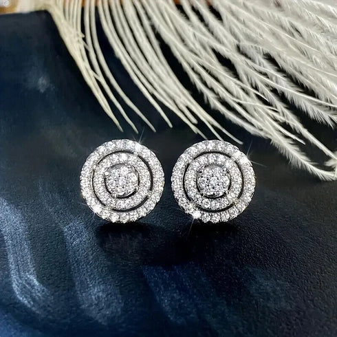 Paved 18K White Gold Plated Cubic Zirconia Round Halo Cluster Men Women Earrings