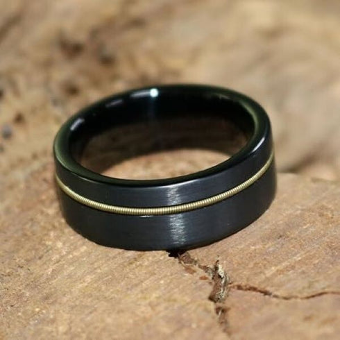 Men 8mm Black Brushed Tungsten Light Gold Guitar String Comfort-Fit Wedding Band