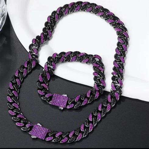 2Pcs FULLY ICED Bling Gun Black Rhodium Plated CZ Cuban Chain Necklace+Bracelet