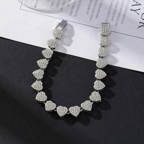 2-Pcs FULLY ICED 14K Gold Plated Heart Shape CZ Tennis Chain Necklace & Bracelet