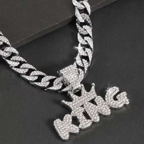 3-Pcs FULLY ICED 14K White Gold Plated CZ Crowned King Cuban Necklace & Bracelet