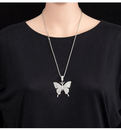 Iced Out Paved 14K White Gold Plated Cubic Zirconia Butterfly Pendant Necklace