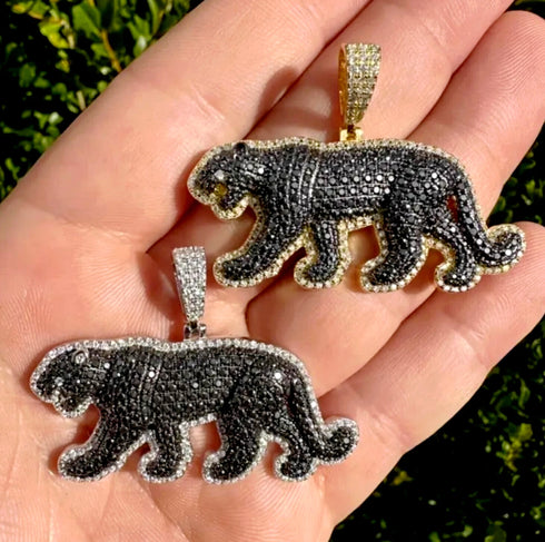 Iced Out 14K Gold Plated Cubic Zirconia Black Jaguar Panther Pendant Necklace