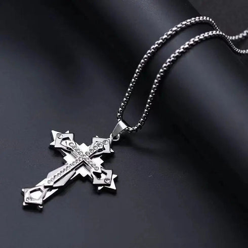 Titanium Creative Multi-Layer Cubic Zirconia Cross Pendant Necklace