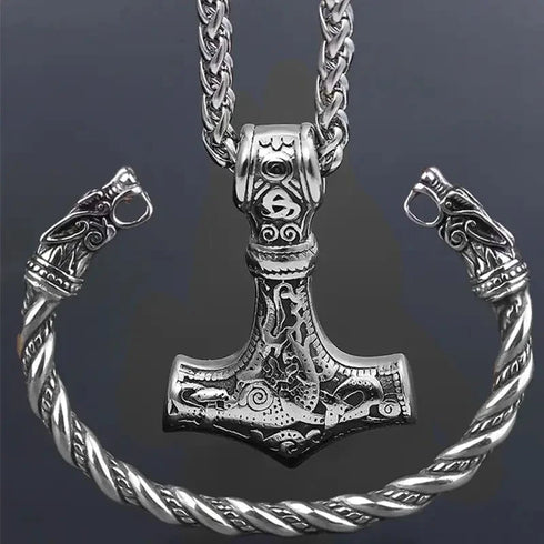 Nordic Viking Wolf Head Thor's Hammer Men Women Mjolnir Necklace & Bracelet Set