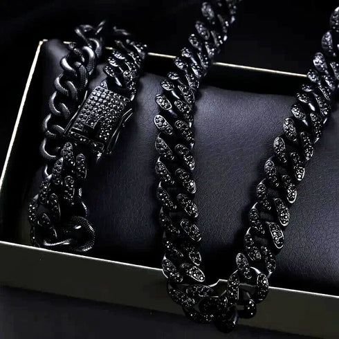 2 Pcs Men Women FULLY ICED Black Rhodium Plated Cubic Zirconia Necklace & Bracelet