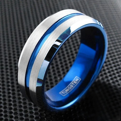 Men 8mm Tungsten Brushed Silver W/Blue Grooved Center Beveled-Edges Wedding Band