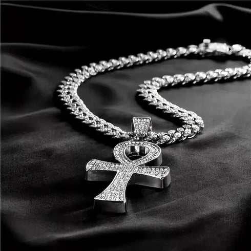 3-Pcs Iced 14K Gold Plated CZ Large Ankh Cross Pendant with Cuban Necklace & Bracelet