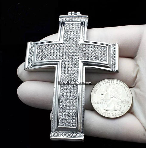 3-Pcs Iced 14K White Gold Plated CZ Large Cross Pendant with Cuban Necklace & Bracelet