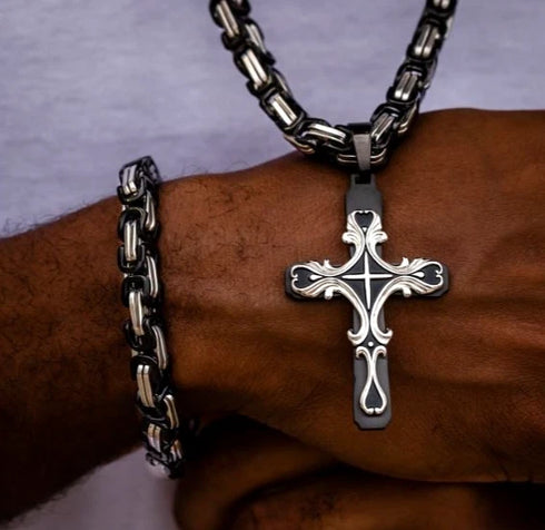 2Pc Men Creative Multi-Layer 2-Tone Cross Pendant with Byzantine Necklace & Bracelet