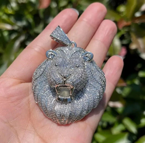 3-Pcs Iced Out 14K Gold Plated CZ Lion Head Pendant W/Cuban Necklace & Bracelet