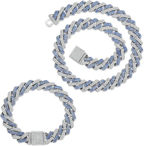 2 Pc Men Women FULLY ICED Rhombus Blue Cuban Link Chain 2Row CZ Necklace & Bracelet