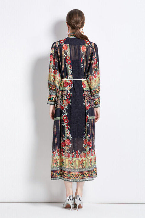 Gorgeous & Alluring Floral Print, Stand Collar, Long Lantern Sleeve Party, Festival, Wedding Guest Vintage Maxi Dress