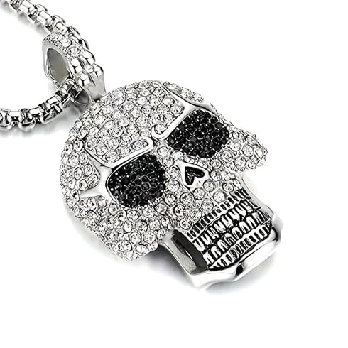 Iced Out 14K White Gold Plated Cubic Zirconia Sugar Skull Head Pendant Necklace