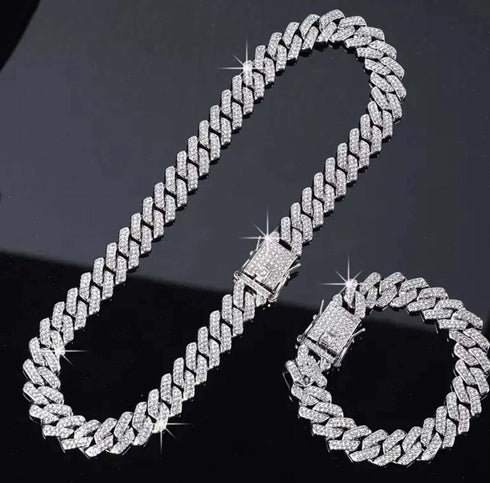 2-Pc Men FULLY ICED Thick 14K Gold Plated CZ Miami Cuban Link Necklace & Bracelet