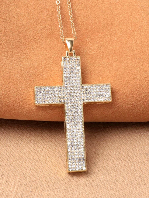 Iced Out Bling 14K Gold Plated Cubic Zirconia Blessed Cross Pendant Necklace