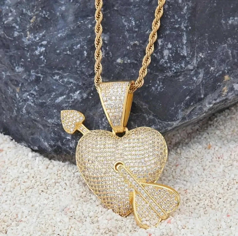 Iced Out Arrow Heart Bling 18K Gold Plated Cubic Zirconia Pendant Necklace