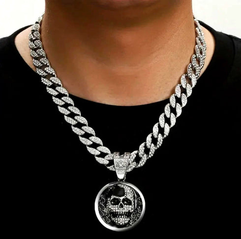 3-Pcs FULLY ICED 14K White Gold Plated CZ SKULL Cuban Necklace & Bracelet