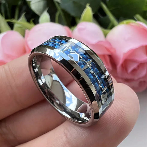 Men's 8mm Tungsten Blue Heartbeat Pattern Carbon Fiber Comfort-Fit Wedding Band