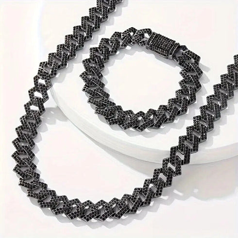 2 Pc FULLY ICED Black Rhodium Plated Cubic Zirconia Necklace & Bracelet