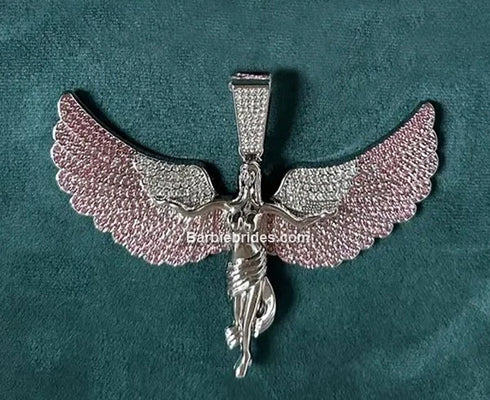 3Pc Iced Out 14KWhite Gold Plated CZ Angel Cuban Chain Pendant Necklace & Bracelet