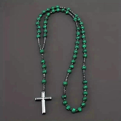 Green Malachite & Hematite Beaded Rosary Cross Pendant Necklace