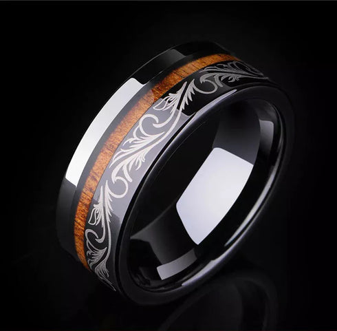 Men 8mm Tungsten Ring Koa Wood Inlay with Laser Pattern Comfort-Fit Wedding Band