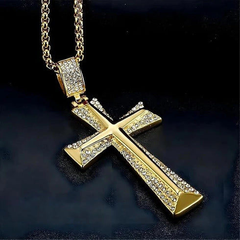 Iced Out Bling 18K Gold Plated Cubic Zirconia Cross Pendant Necklace