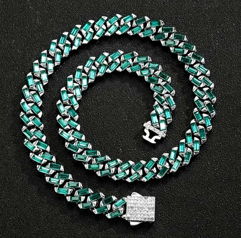 Green 18K White Gold Plated Baguette Cut CZ Men Women 13mm Cuban Chain Necklace