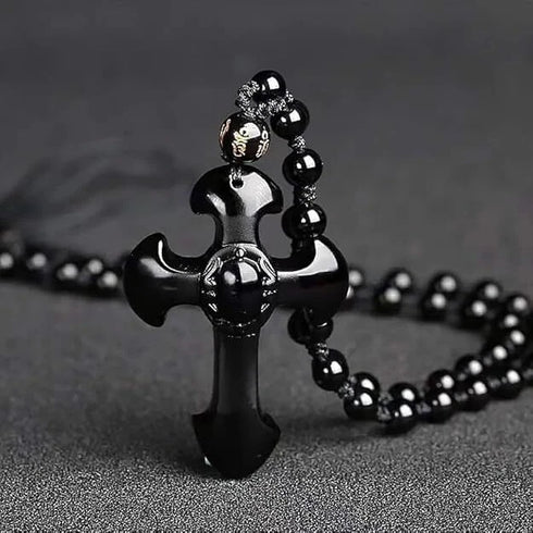 Good Luck Amulet Obsidian Cross Beaded Pendant Necklace