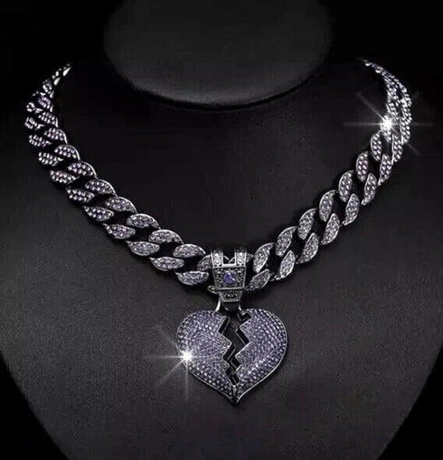 ICED OUT Broken Heart Rhodium Plated Purple Cubic Zirconia Cuban Chain Necklace