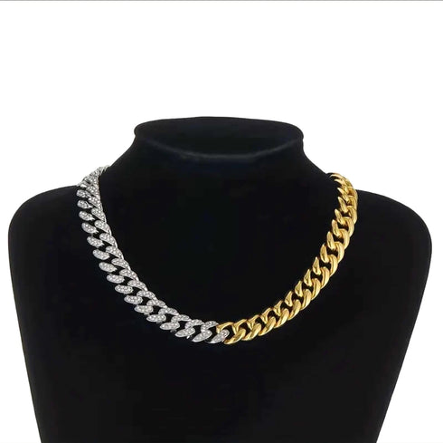 2 Pc Iced Out 2-Tone 14K Gold Plated Cubic Zirconia Miami Cuban Necklace & Bracelet