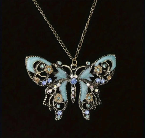 Exaggerated Boho Vintage Hollow Enameled Turquoise Butterfly Pendant Necklace