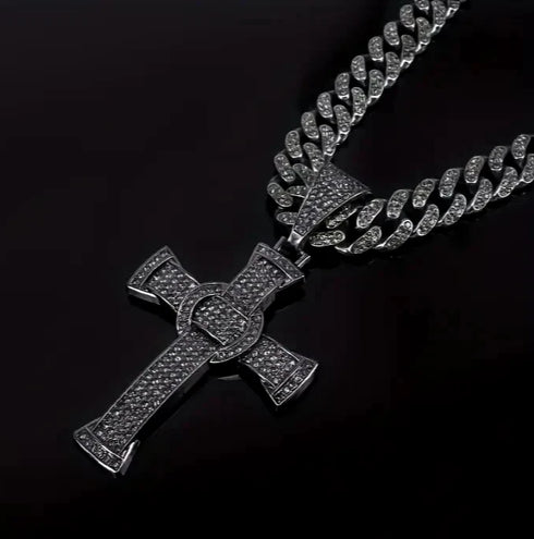 Rhodium Plated Iced Out Black CZ Cuban Chain Cross Pendant & Necklace