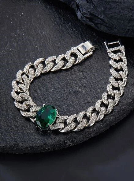 Fully Iced 14K White Gold Plated Green Cubic Zirconia Cuban Link Bracelet