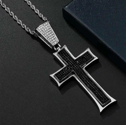 3-Pc Iced Out 14K Gold Plated CZ Black Cross Pendant W/20" Rope Chain+Cuban Necklace