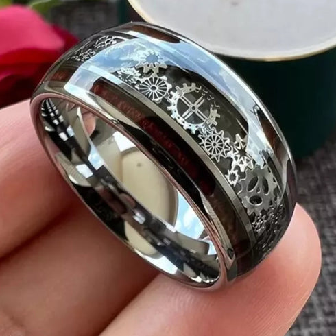 Clockwork Gears Koa Wood Inlay 10mm Tungsten Engagement Wedding Band