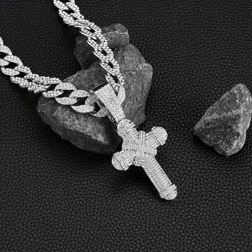 Iced Out Bling 14K White Gold Plated CZ Miami Cuban Chain Cross Pendant Necklace