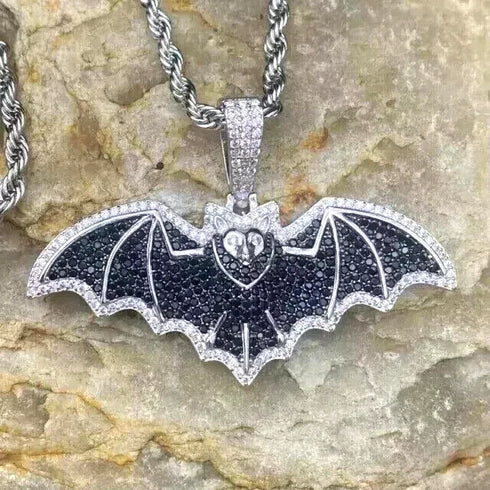 Iced Out Paved 14K White Gold Plated Cubic Zirconia Black Bat Pendant Necklace