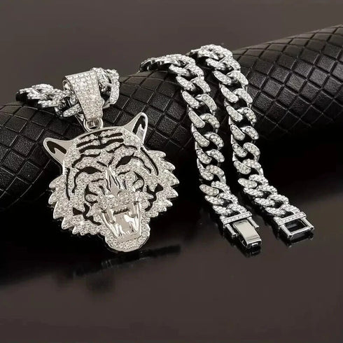 3 Pc Iced Out 14K Gold Plated CZ Tiger Head Pendant & Cuban Chain Necklace & Bracelet